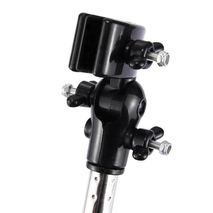 Universal Foldable Stainless Umbrella Mount For Bike Angle Adjustable clamp showing stainless and ABS adjustable joint for handlebar attachment