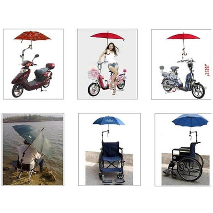 Universal Foldable Stainless Umbrella Mount For Bike Angle Adjustable shown on scooters, bikes, wheelchairs and fishing chair