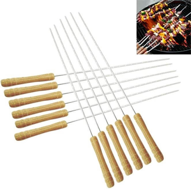Outdoor Camping Barbecue Skewers 30cm Handy for Grilling with chromium-plated steel needles and cool wood handles, ideal for camping and picnics