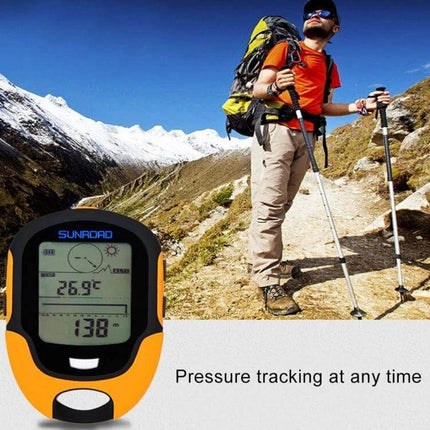 Sunroad LCD Altimeter With Compass For Hiking And Outdoor Use showing LCD readout, compass, thermometer and hiker in mountain setting