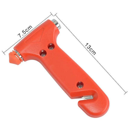 Emergency Hammer for Car Safety and Seat Belt Escape Tool - compact red car window breaker and seatbelt cutter with dimensions