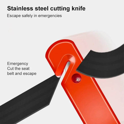 Emergency Hammer for Car Safety and Seat Belt Escape Tool - red seat belt cutter and window breaker shown cutting belt