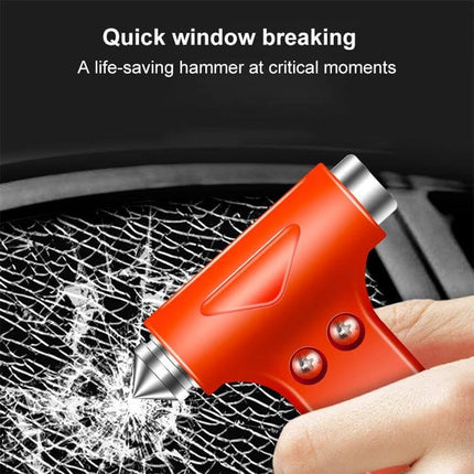 Emergency Hammer for Car Safety and Seat Belt Escape Tool - red window breaker and seatbelt cutter shown breaking car window quickly