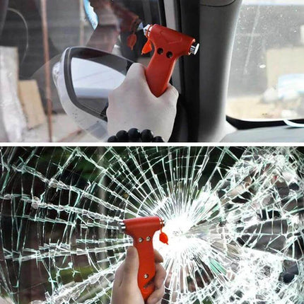Emergency Hammer for Car Safety and Seat Belt Escape Tool shown cutting belt and breaking car window for quick vehicle escape