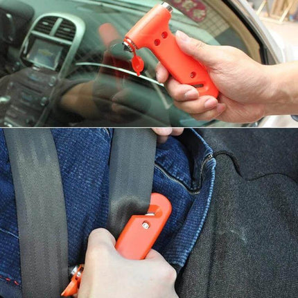 Orange Emergency Hammer for Car Safety and Seat Belt Escape Tool in-hand breaking window and cutting seatbelt