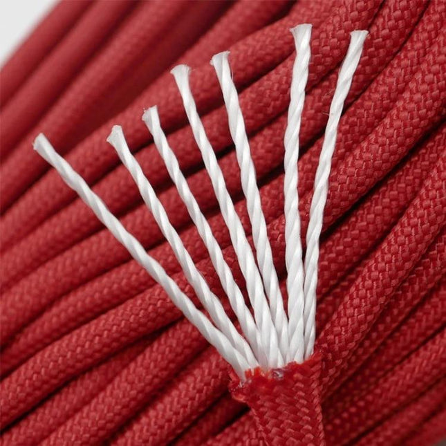Paratrooper Rope 100m Outdoor Rescue And Survival Gear – close-up red 4mm core braided rope for anchoring, shelter rigging, towing and rescue backups