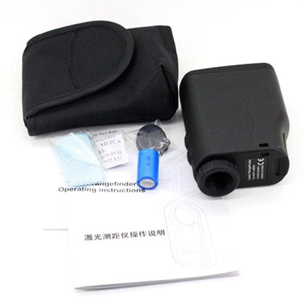 Handheld Waterproof Rangefinder for Golf and Outdoors with black case, battery and instruction manual