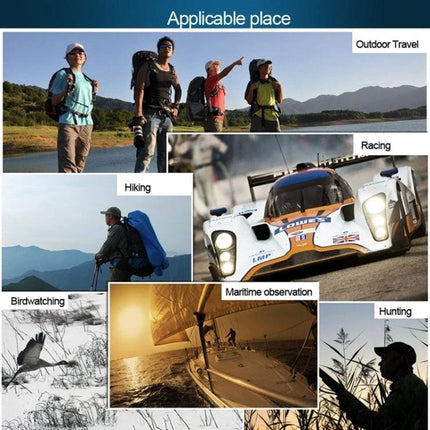 Handheld Waterproof Rangefinder for Golf and Outdoors showing hikers, racing car, maritime observation, birdwatching and hunting applications