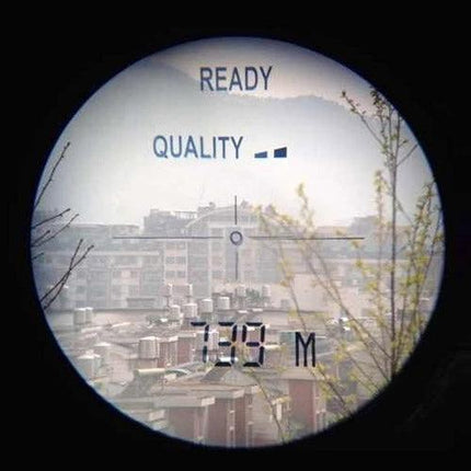 Handheld Waterproof Rangefinder for Golf and Outdoors view through scope showing 139m distance readout over urban landscape