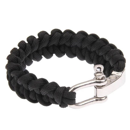 Nylon Survival Bracelets For Outdoor Use With Adjustable Steel Shackle - black paracord bracelet with steel shackle, 23cm, 5mm rope for camping and emergencies