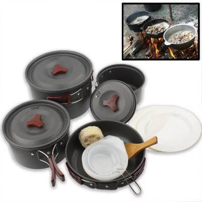Outdoor Camping 9 Piece Ultralight Cookware Set for Camping Trips showing stacked pots, pans, lids and utensils for lightweight trail cooking