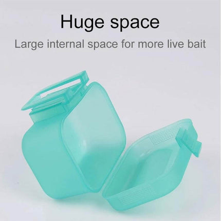 Plastic Live Earthworm Fishing Tackle Box With Large Compartment showing open teal plastic bait box with large inner compartment and lip-fix lid