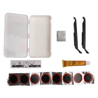 Emergency Bicycle Repair Kit Compact For On The Go Fixes with POM crowbars, tire glue, patches and compact case for commuters and trail riders