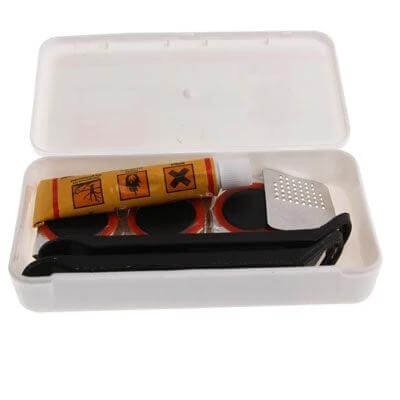 Emergency Bicycle Repair Kit Compact For On The Go Fixes small white case with glue patches tire levers and metal scraper for quick flat repairs