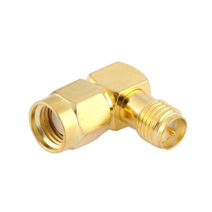 Gold Plated Adapter for Wireless Antenna Connections - RP-SMA male to female gold-plated right-angle adapter for routers and external antennas