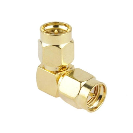 90 Degree Gold Plated SMA Male to Male Adapter for Connectivity shown at right angle with gold-plated contacts for RF cable strain relief