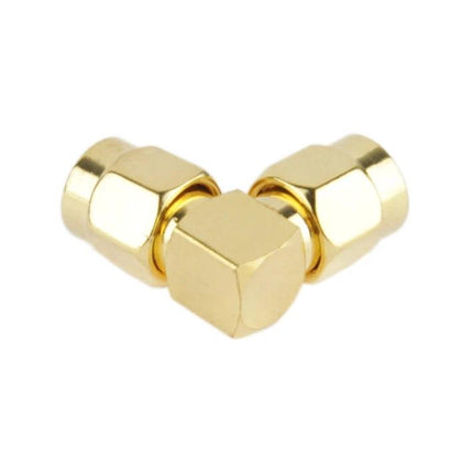 90 Degree Gold Plated SMA Male to Male Adapter for Connectivity shown at right-angle with gold-plated contacts for tight RF cable routing