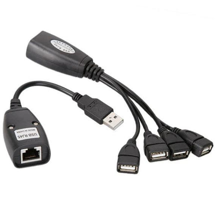 USB Ethernet Extender Adapter with 4 Ports for Remote Devices - black USB-to-Ethernet hub with four USB ports and RJ45 connector