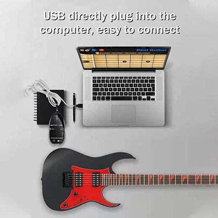 Guitar USB Cable for Everyday Recording and Practice - black electric guitar connected to laptop for simple amp and recording setup