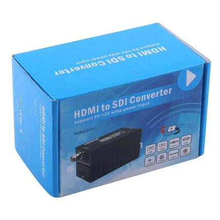 Mini HDMI to SDI Video Signal Converter for Professional Displays blue retail box showing device and HDMI to SDI Converter text