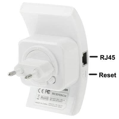Wireless N WiFi Repeater for Expanding Coverage in Large Areas - white plug-in repeater with RJ45 port and reset button, up to 300Mbps, 2.4GHz