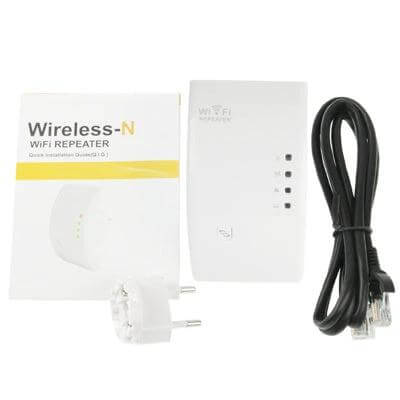 Wireless N WiFi Repeater for Expanding Coverage in Large Areas - white 300Mbps repeater with power plug and Ethernet cable