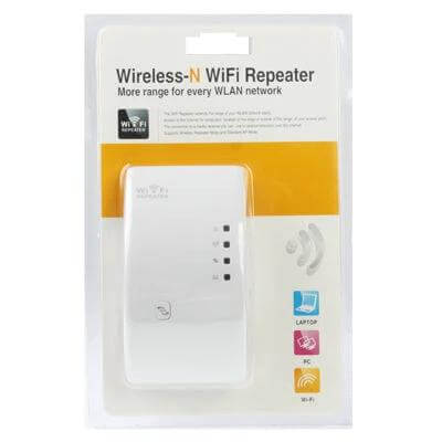Wireless N WiFi Repeater for Expanding Coverage in Large Areas - white 300Mbps wall-plug repeater in retail packaging