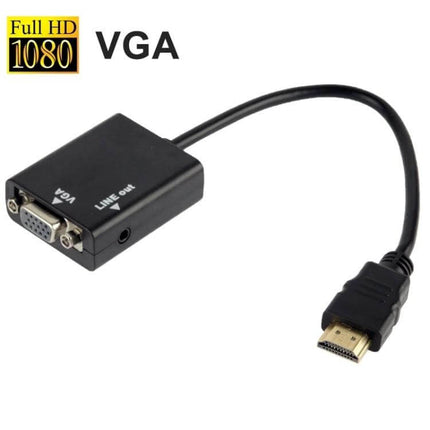 HDMI to VGA Video Conversion Cable with Audio Output, 26cm — black HDMI to VGA adapter cable with VGA port and audio line-out for connecting laptops or consoles to older monitors