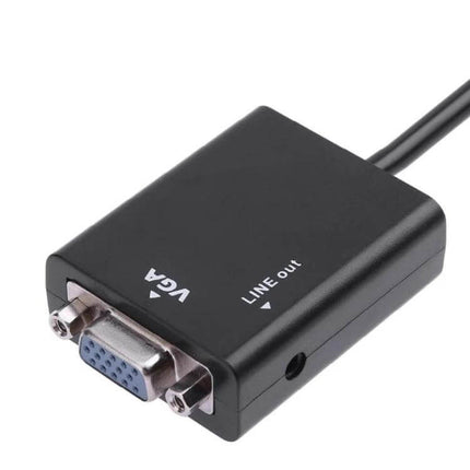 HDMI to VGA Video Conversion Cable with Audio Output, 26cm black adapter showing VGA port and audio line out jack