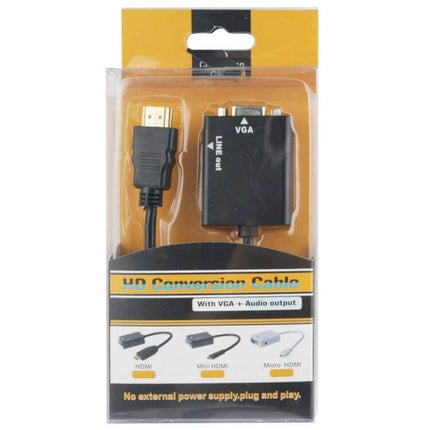 HDMI to VGA Video Conversion Cable with Audio Output, 26cm in retail packaging showing HDMI plug, VGA adapter box and audio output