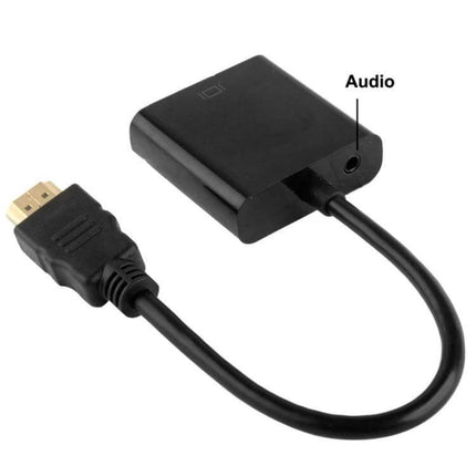 24cm HDMI to VGA Cable with Audio Output for Devices and Monitors — compact adapter showing HDMI plug, VGA/audio converter box and 3.5mm audio jack