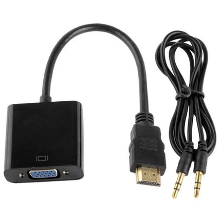 24cm HDMI to VGA Cable with Audio Output for Devices and Monitors - compact adapter showing HDMI plug, VGA port and 3.5mm audio cable