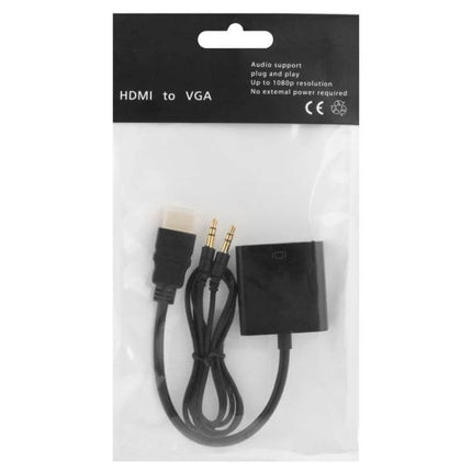 24cm HDMI to VGA Cable with Audio Output for Devices and Monitors in retail package showing HDMI plug, VGA adapter box and audio jack cables