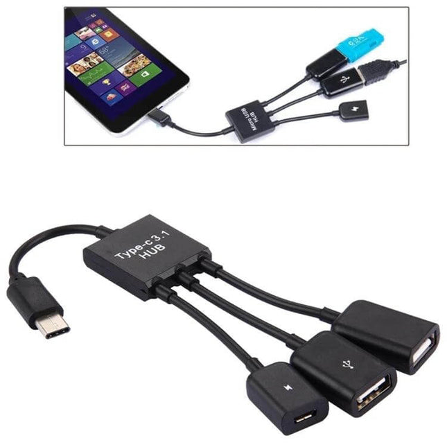 Multi-Port USB Hub for Smartphones and Laptops showing Type-C to multiple USB ports with two charging ports and data ports for peripherals