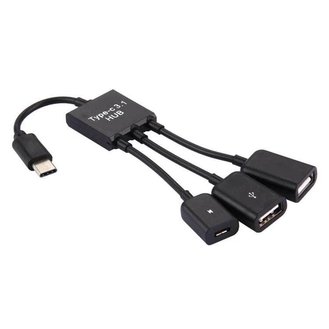 Multi-Port USB Hub for Smartphones and Laptops with Type-C connector and three USB ports for charging and peripherals