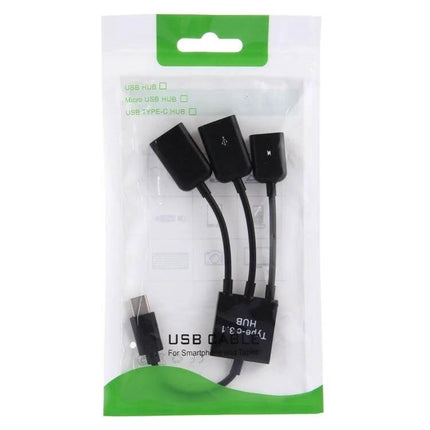 Multi-Port USB Hub for Smartphones and Laptops in retail packaging showing three-port cable adapter with two charging USB 2.0 ports and connector