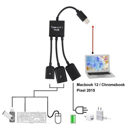 Multi-Port USB Hub for Smartphones and Laptops with Type-C 3.1 connector and three-port split for keyboard mouse flash drive charging