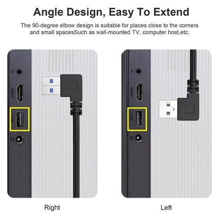 Essential Cable for Daily Device Connections and Charging showing 90-degree right and left angled USB plug fitting laptop and device ports