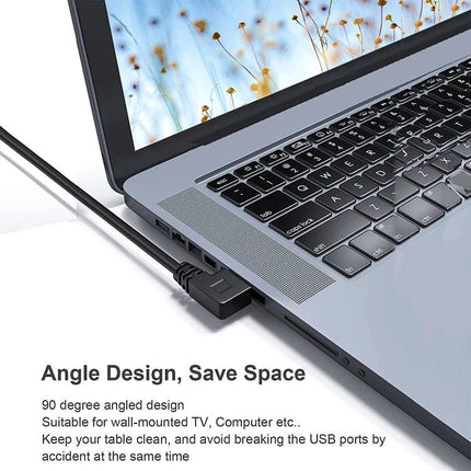 Essential Cable for Daily Device Connections and Charging plugged into laptop USB port for charging and data transfer, angled design to save space