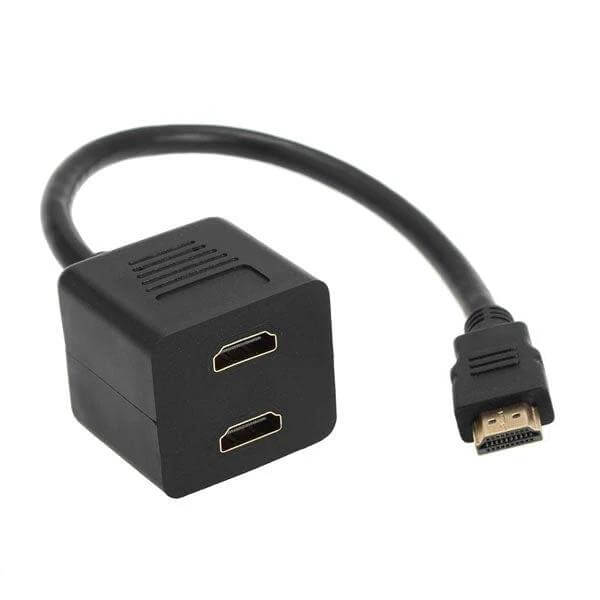 Gold-Plated 30cm HDMI Splitter Adapter for 1-in-2 Connections showing single male HDMI to dual female outputs for TV and monitor sharing