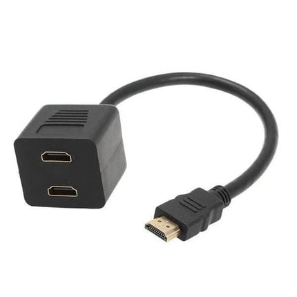 Gold-Plated 30cm HDMI Splitter Adapter for 1-in-2 Connections black cable showing single male HDMI to dual female HDMI outputs