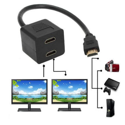 Gold-Plated 30cm HDMI Splitter Adapter for 1-in-2 Connections - black 1-to-2 HDMI cable adapter showing two output ports and dual monitor setup