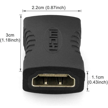 HDMI Female to Female Adapter for Connecting HDMI Cables black compact 19-pin coupler with dimensions for extending HDMI length