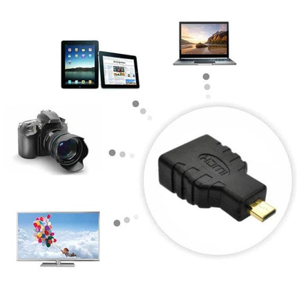 Gold Plated Micro HDMI to HDMI Adapter for Devices and TVs showing adapter connecting camera, tablet, laptop and TV for streaming and display