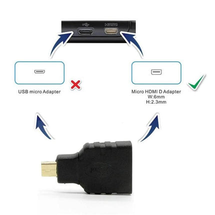 Gold Plated Micro HDMI to HDMI Adapter for Devices and TVs showing micro HDMI D connector and compatibility diagram