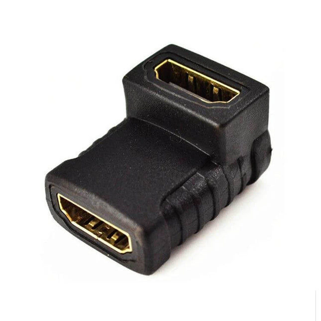 90-Degree Gold Plated HDMI Female to Female Angle Coupler black right-angle gold-plated HDMI coupler for tight TV and media center connections