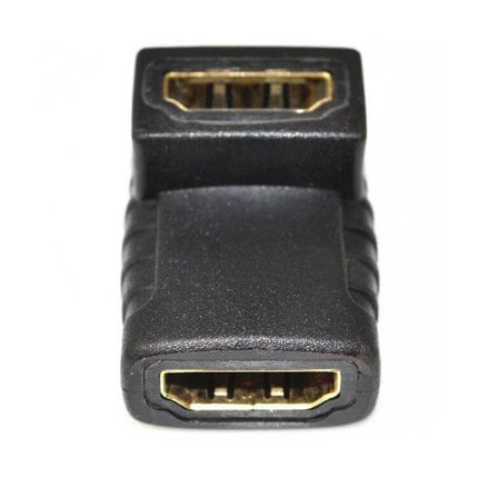90-Degree Gold Plated HDMI Female to Female Angle Coupler - black right-angle HDMI coupler with gold-plated connectors for tight TV or media center spaces