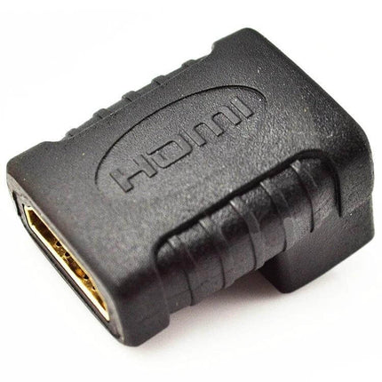 90-Degree Gold Plated HDMI Female to Female Angle Coupler black right-angle HDMI coupler with gold-plated connectors for tight TV/media center spaces