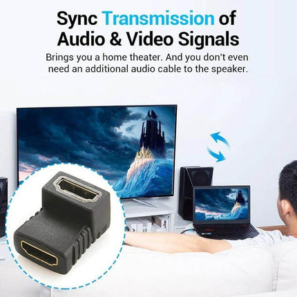 90-Degree Gold Plated HDMI Female to Female Angle Coupler connecting HDMI cables behind a TV for neat audio and video setup