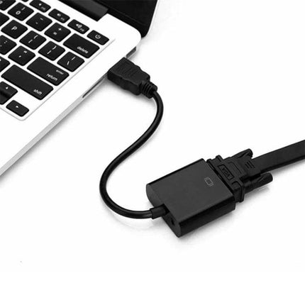 Compact 20cm HDMI Male to VGA Female Adapter for Displays connected between laptop HDMI and VGA monitor for presentations and gaming